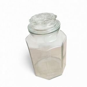 Vintage Clear Glass Hexagon Canister Jar with Embossed Lid Organization Decor